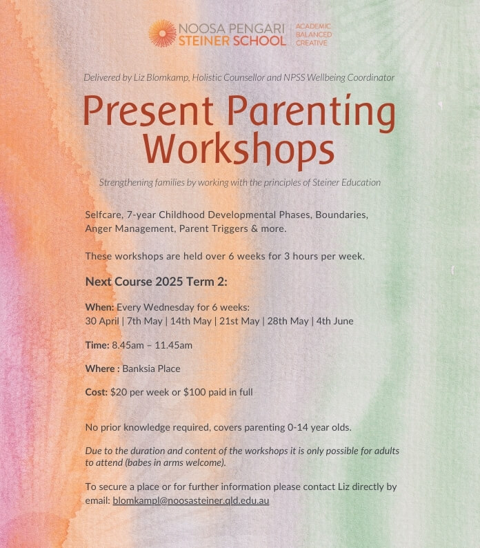 colourful watercolour background with the words Present Parenting Workshops